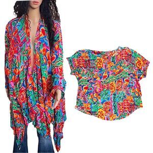 2 pc Set Oversized Vintage Abstract Floral Beaded Kimono Cardigan & blouse